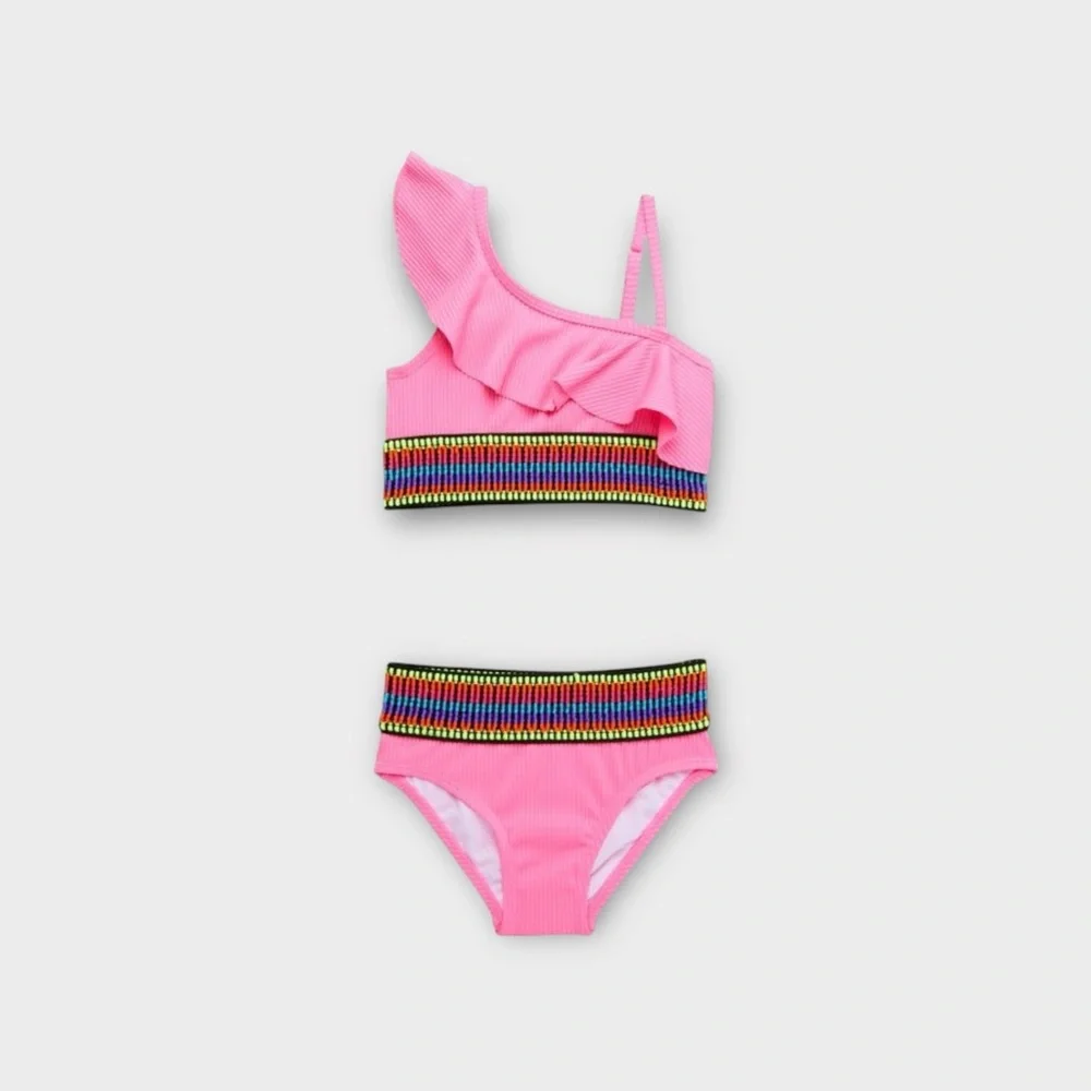 Betsey Johnson 2 Piece Embroidered Pink Ribbed Top & Bottom Swim Set